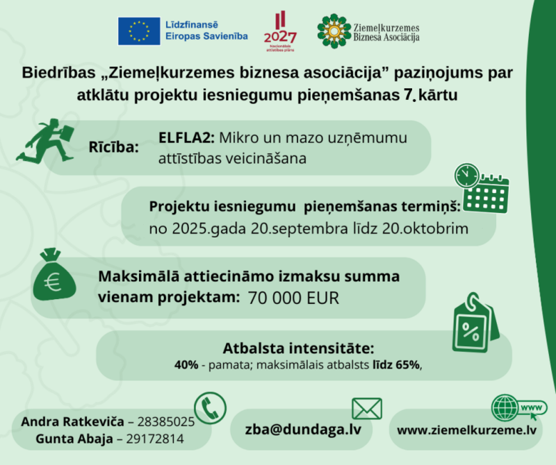Biedrības „Ziemeļkurzemes biznesa asociācija” paziņojums par atklātu projektu iesniegumu pieņemšanas 7. kārtu