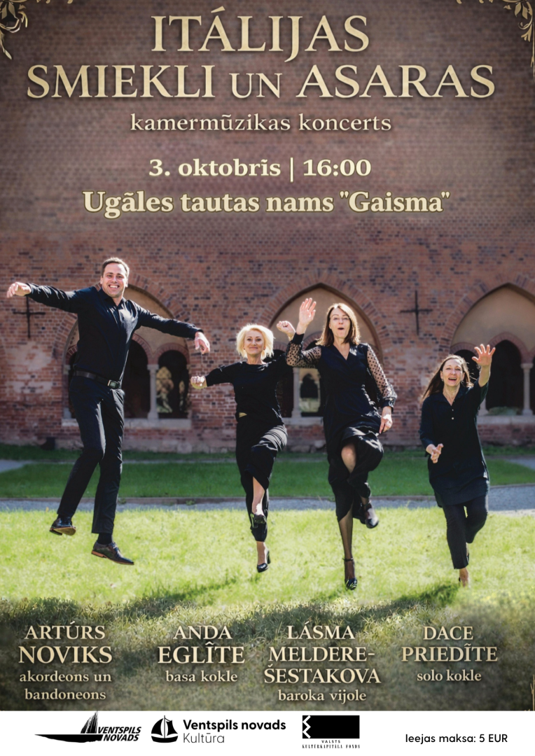 Kamermūzikas koncerts „Itālijas smiekli un asaras” ir krāšņa baroka laika itāļu komponistu mūzikas programma, ko Ugāles tautas namā „Gaisma” būs iespējams dzirdēt 3. oktobrī. 