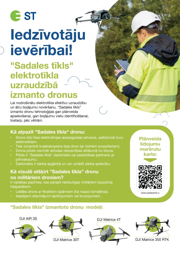 AS "Sadales tīkls" uzsāks elektrotīkla uzraudzību ar dronu palīdzību