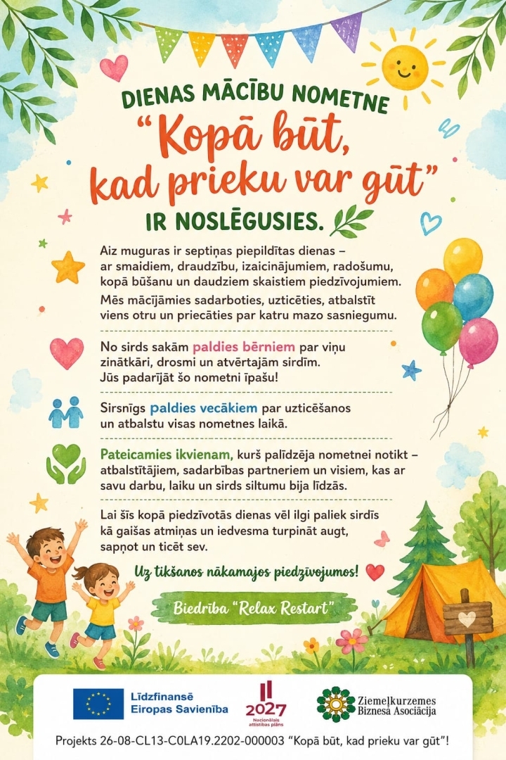 No 6. līdz 12. jūlijam 12 bērni no Ugāles un Usmas pagasta piedalījās biedrības “RelaxRestart” organizētajā dienas mācību nometnē "Kopā būt, kad prieku var gūt". 