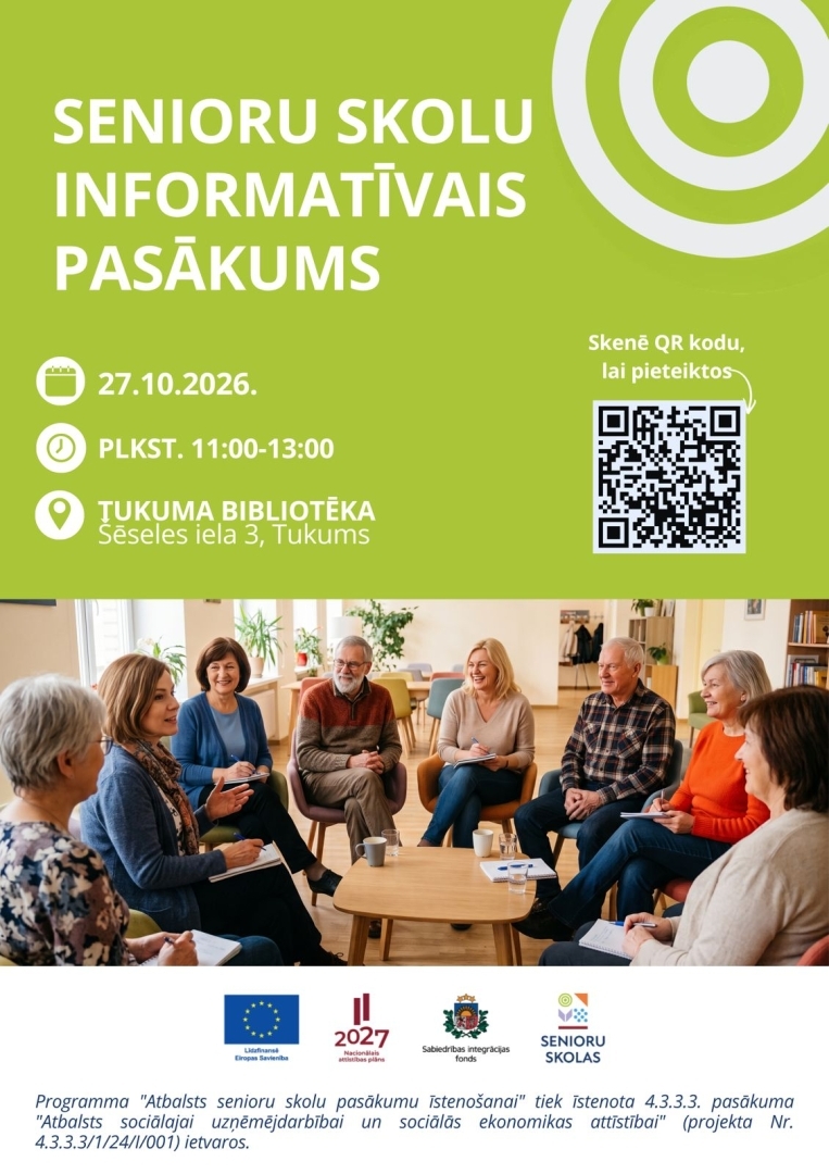 Aicinām Senioru skolu pārstāvjus, kuri plāno organizēt Senioru skolu aktivitātes, pieteikties ceturtajam informatīvajam pasākumam šī gada 27.oktobrī Tukumā, Jelgavas reģionālajā tūrisma centrā, Akadēmijas ielā 1. Pasākuma laiks no plkst. 11:00 līdz 13:00. Interesentiem būs iespēja satikt Senioru skolu darba praktiķus, uzzināt vairāk par vadlīniju Senioru skolu pasākumu satura veidošanai izmantošanu savā darbā, diskutēt par niansēm, iepazīt dažādas pieredzes un noslēgumā piedalīties kontaktinformācijas apmai