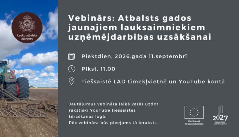 Publisks vebinārs par atbalstu gados jaunajiem lauksaimniekiem