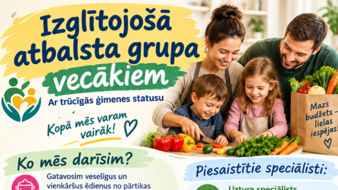 Sociālais dienests aicina vecākus ar trūcīgās ģimenes statusu piedalīties izglītojošās atbalsta grupas aktivitātēs un konsultācijās. 