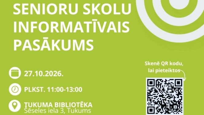 Aicinām Senioru skolu pārstāvjus, kuri plāno organizēt Senioru skolu aktivitātes, pieteikties ceturtajam informatīvajam pasākumam šī gada 27.oktobrī Tukumā, Jelgavas reģionālajā tūrisma centrā, Akadēmijas ielā 1. Pasākuma laiks no plkst. 11:00 līdz 13:00. Interesentiem būs iespēja satikt Senioru skolu darba praktiķus, uzzināt vairāk par vadlīniju Senioru skolu pasākumu satura veidošanai izmantošanu savā darbā, diskutēt par niansēm, iepazīt dažādas pieredzes un noslēgumā piedalīties kontaktinformācijas apmai