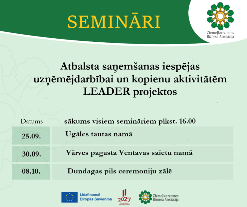 Novadā notiks "Ziemeļkurzemes biznesa asociācijas" semināri