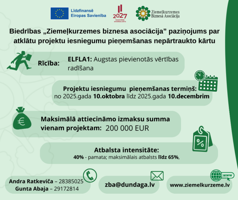 "Ziemeļkurzemes biznesa asociācija" ir izsludinājusi projektu konkursu