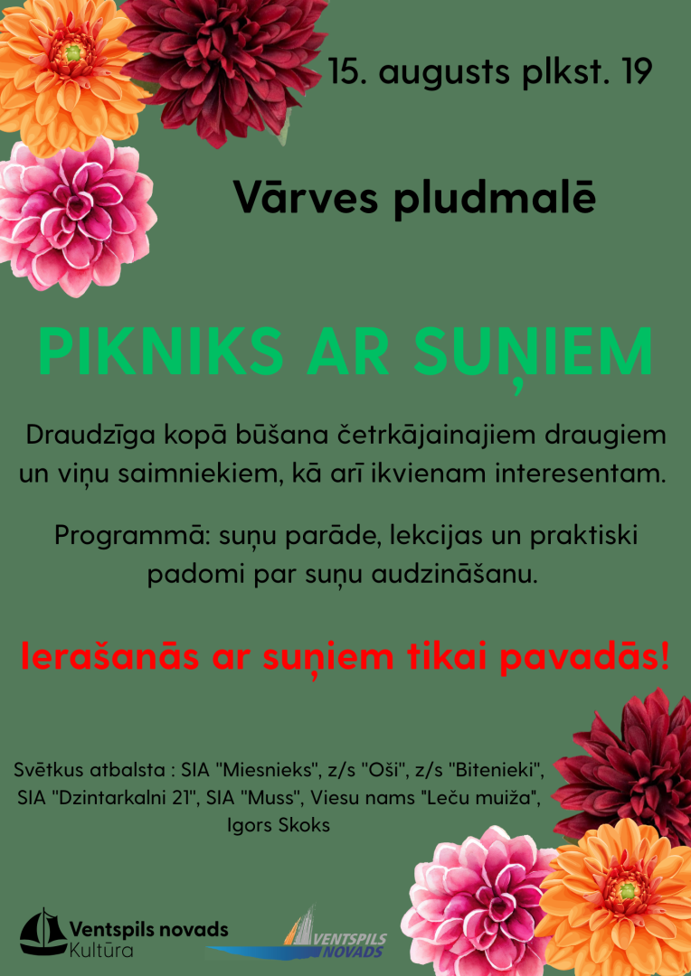 15. augustā plkst. 19.00 notiks pikniks ar suņiem Vārves pludmalē