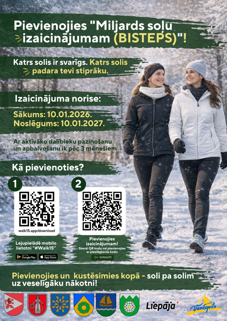 Kurzemes plānošanas reģions aicina Kurzemes iedzīvotājus Jauno gadu sākt aktīvi, piedaloties “Miljards soļu izaicinājumā (BISTEPS)”