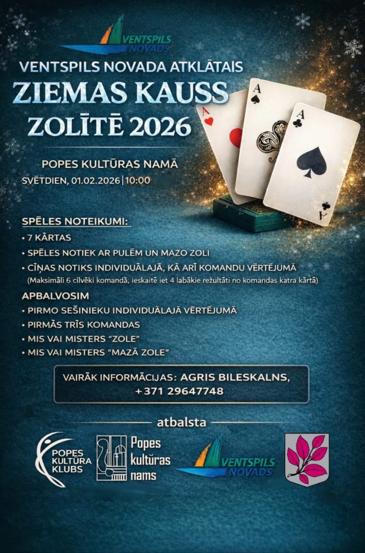 1. februārī Popes kultūras namā notiks ziemas kauss zolītē