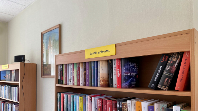 Grāmatu plaukti ar grāmatām